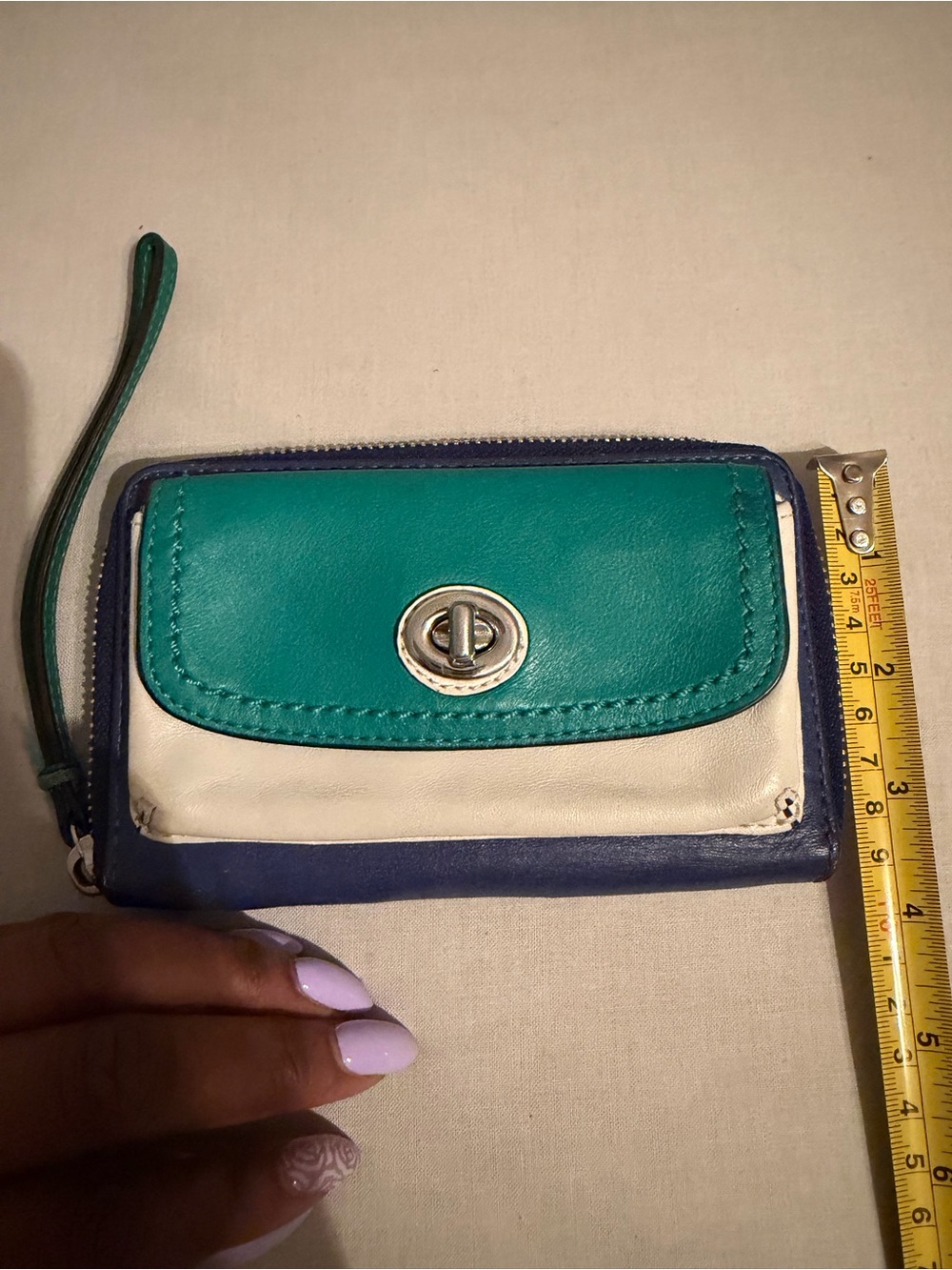 Coach Colorblock Leather Zip Wristlet Wallet in Teal, Navy & Cream - Picture 9 of 10
